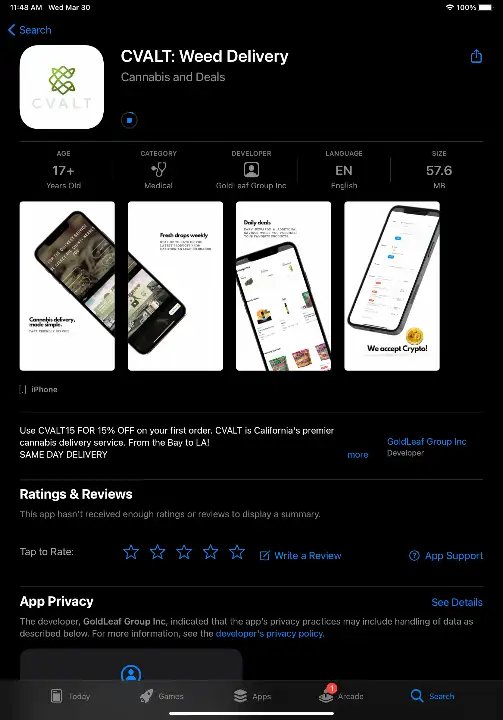 CVALT: Weed Delivery app store listing &mdash; icon, screenshots, description